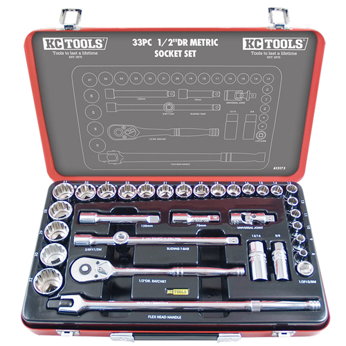 Drive Metric Socket Set 33 Pieces 1/2" KC Tools A13173